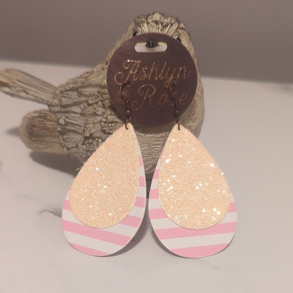 Striped‎ Pink and Cream Teardrop Earrings